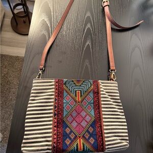 Vibrant Geometric Striped Shoulder Bag with Gold Clasp